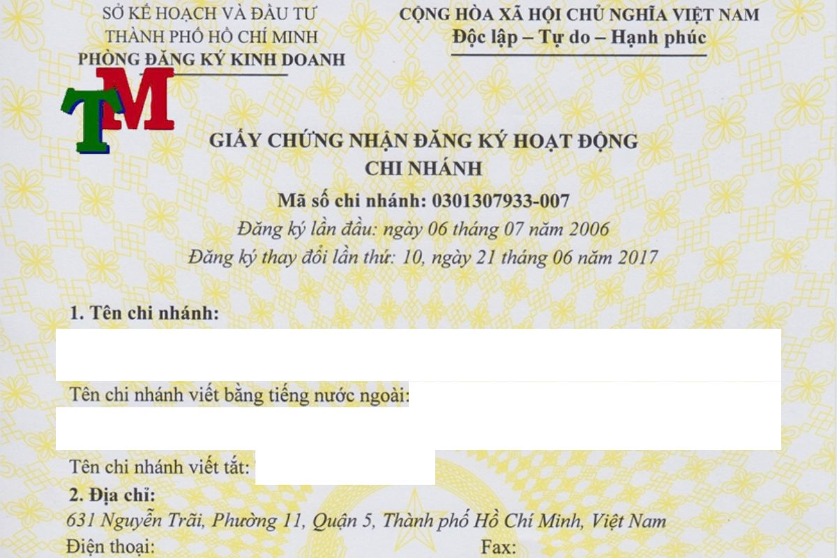 Thủ tục thay đổi giấy đăng ký hoạt động của Chi Nhánh 3 Giấy đăng ký hoạt động của Chi Nhánh