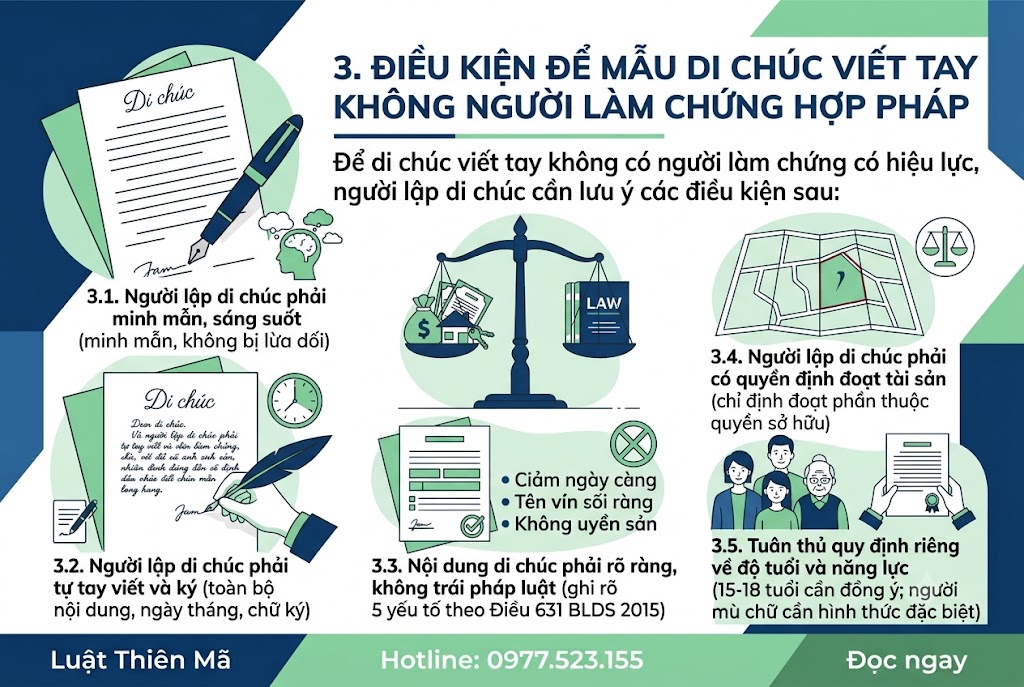 Di chúc viết tay không có người làm chứng có hiệu lực không? 2 Điều kiện để mẫu di chúc viết tay không người làm chứng hợp pháp